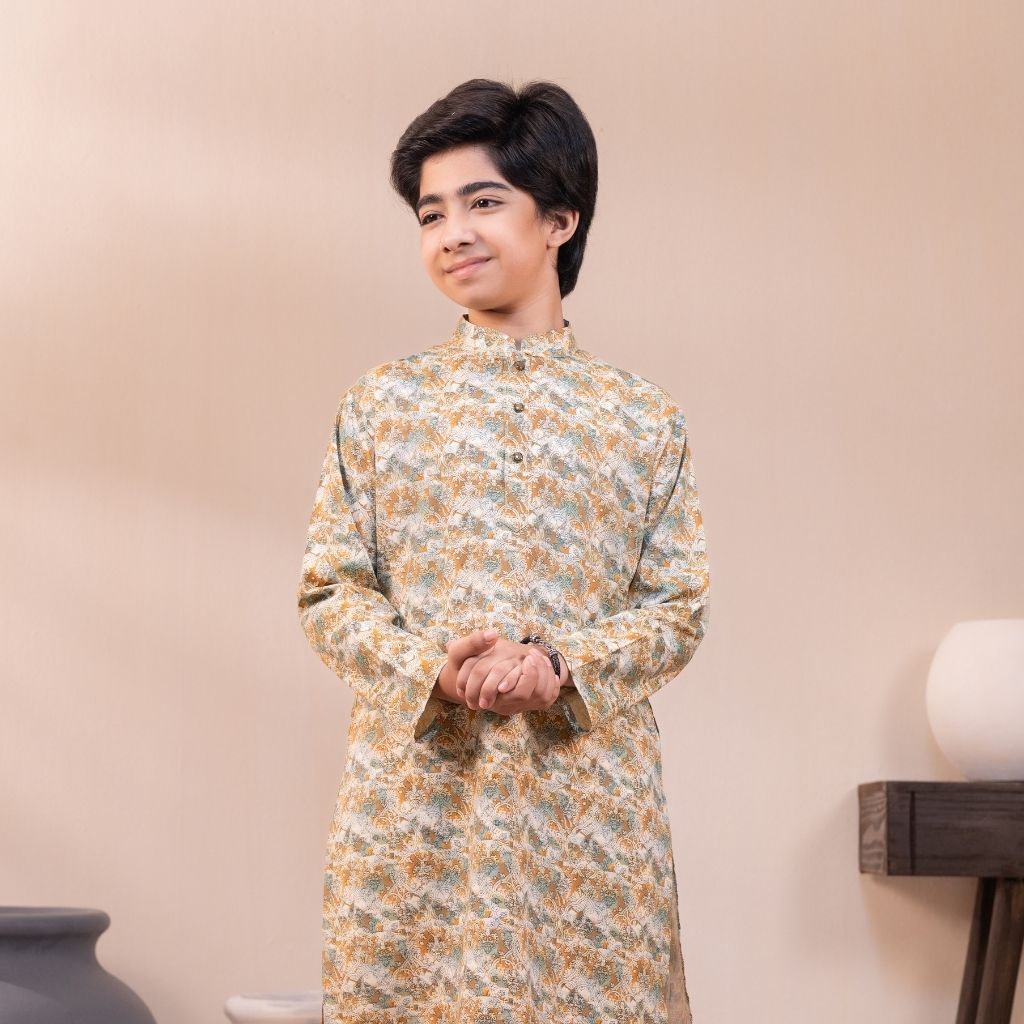 25 Floral Panjabi + White Payjama - Image 1
