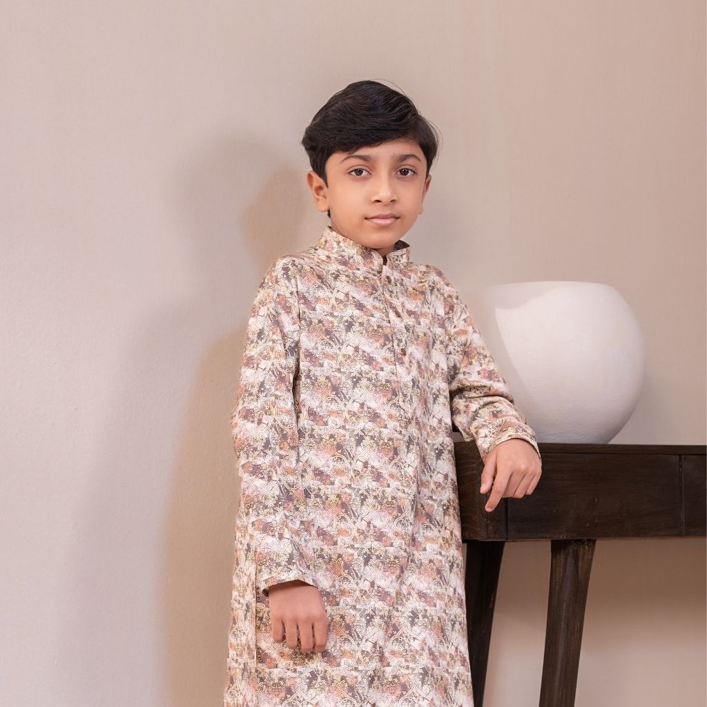 29 Floral Warm Beige Panjabi + White Payjama - Image 1