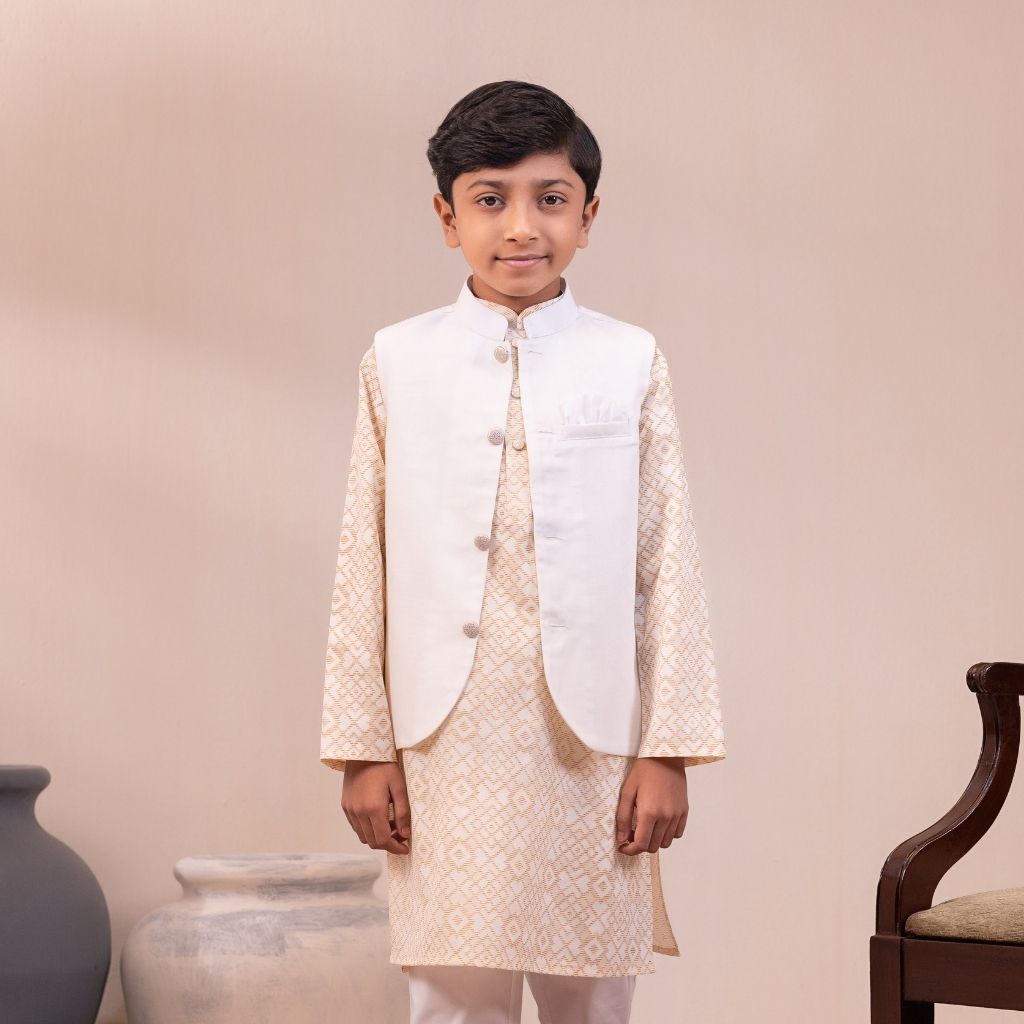 48 Classic Waistcoat Yellow Panjabi Set- 3Pcs - Image 1