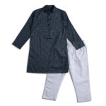 Classic Navy Blue Motif Panjabi + White Payjama - Image 3