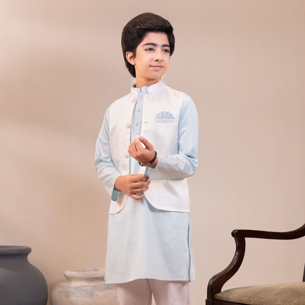 75 Premium Pastel Soft Blue Panjabi with Koti- 3Pcs - Image 1