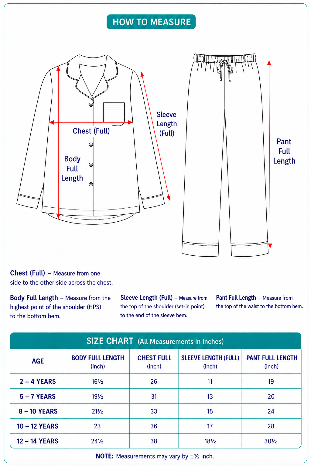 Junior Spark Size Chart